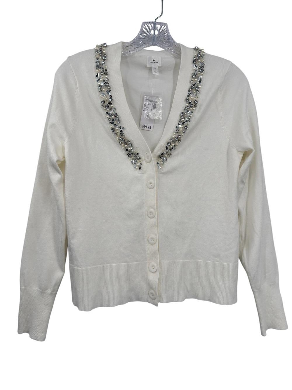 Dressbarn Embellished V-Neck Cardigan Button Down Cardigan Sweater Sz  XS Ivory